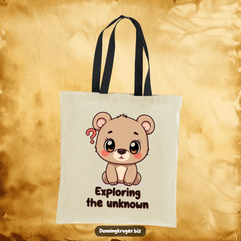 Funny tote bag with a curious bear cub and a question mark, ideal for carrying books and everyday essentials.